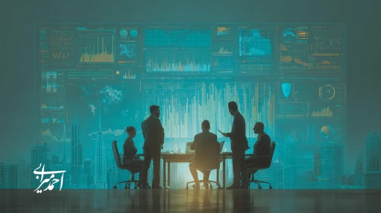 مدیران ایرانی در حال ارزیابی ریسک فناورانه سرمایه‌گذاری هوش مصنوعی با نقشه حرارتی ریسک و نمادهای حاکمیت AI و سرمایه‌گذاری