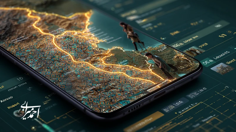 تصویر مفهومی کاربرد هوش مصنوعی در گردشگری ایران؛ نمایش مسیرهای شخصی‌سازی‌شده روی نقشه ایران با رابط کاربری موبایل و عناصر فرهنگی ایرانی