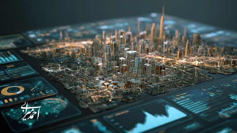 هوش مصنوعی در املاک ایران برای پیش‌بینی بازار و ارزش‌گذاری ملک با نقشه حرارتی و مدیر املاک در حال تحلیل داده‌ها