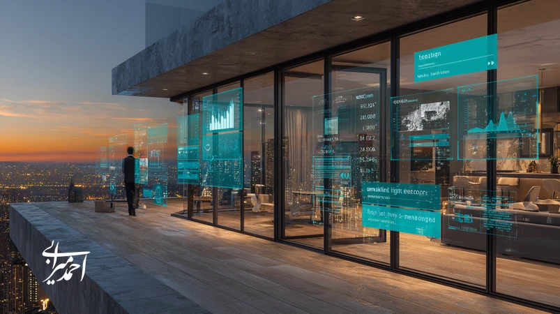 نمایی از دفتر املاک با نمایش نمودارهای قیمتگذاری هوشمند و داشبورد اولویتبندی سرنخ؛ کاربردهای هوش مصنوعی در املاک برای جذب مشتری و افزایش دقت قیمتگذاری.