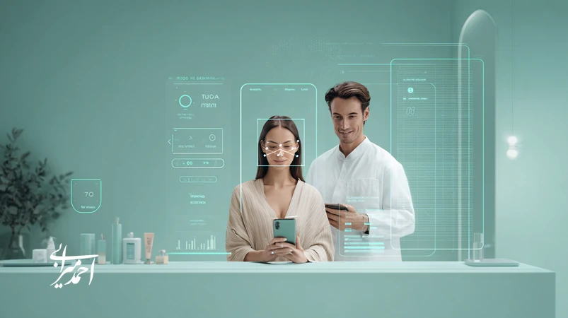 تصویر مشاوره دیجیتال با هوش مصنوعی برای تشخیص پوست و مو؛ اسکن چهره و پوست سر با گوشی، رابط کاربری شفاف و پیشنهاد محصولات؛ مناسب برندسازی زیبایی