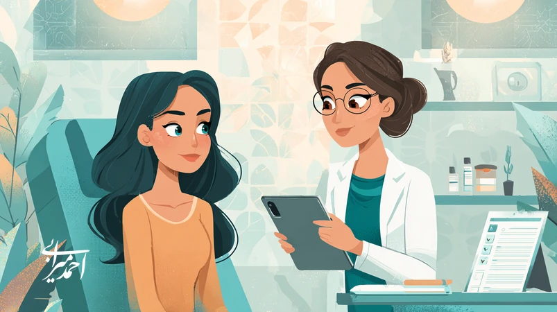 تصویر کلینیک پوست و زیبایی با تحلیل هوشمند پوستی روی تبلت و نمایش پیشنهاد درمان شخصیسازیشده با تاکید بر اخلاق هوش مصنوعی و امنیت دادهها.