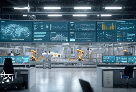 کارخانه هوشمند با داشبوردهای AI برای بهینه‌سازی زنجیره تأمین، برنامه‌ریزی تولید و مدیریت برند در ایران، با ربات‌های صنعتی و خطوط اتوماسیون