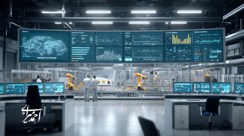 کارخانه هوشمند با داشبوردهای AI برای بهینهسازی زنجیره تأمین، برنامهریزی تولید و مدیریت برند در ایران، با رباتهای صنعتی و خطوط اتوماسیون
