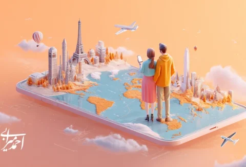 هوش مصنوعی در برنامه‌ریزی سفر با نمایش برنامه شخصی‌سازی‌شده روی گوشی؛ زوج ایرانی در حال انتخاب تورهای شخصی‌سازی‌شده و مقصدهای جهانی