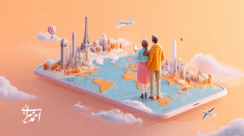 هوش مصنوعی در برنامهریزی سفر با نمایش برنامه شخصیسازیشده روی گوشی؛ زوج ایرانی در حال انتخاب تورهای شخصیسازیشده و مقصدهای جهانی