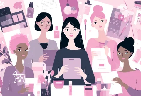 تصویر مفهومی از تیم زنان فعال در صنعت زیبایی و برندینگ، در حال برنامه‌ریزی و توسعه محصولات آرایشی؛ نمادی از همکاری و خلاقیت در برندهای زیبایی مدرن