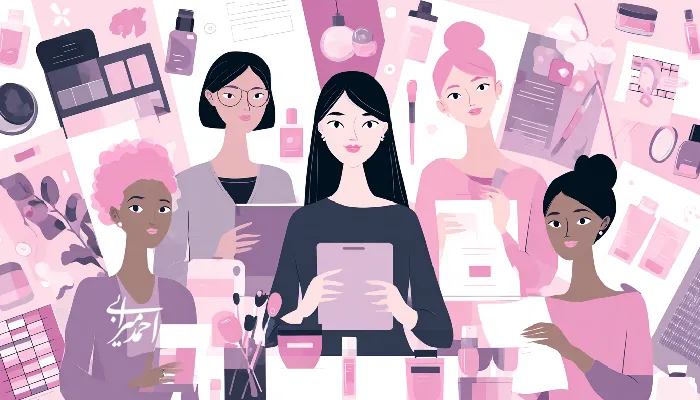 تصویر مفهومی از تیم زنان فعال در صنعت زیبایی و برندینگ، در حال برنامه‌ریزی و توسعه محصولات آرایشی؛ نمادی از همکاری و خلاقیت در برندهای زیبایی مدرن