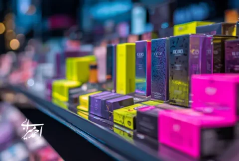 نمایی از قفسه فروشگاه لوازم آرایشی با بسته‌بندی‌های رنگارنگ و مدرن؛ نمادی از تنوع برندها و استراتژی چیدمان در صنعت زیبایی