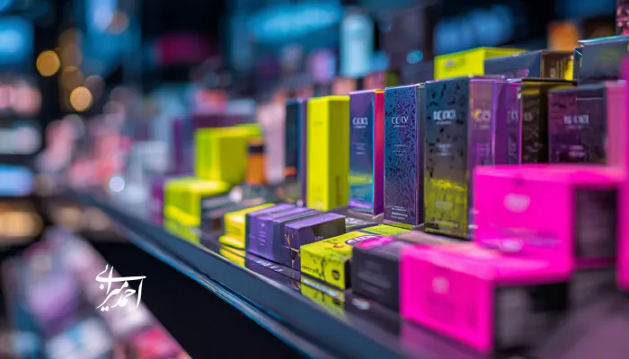 نمایی از قفسه فروشگاه لوازم آرایشی با بستهبندیهای رنگارنگ و مدرن؛ نمادی از تنوع برندها و استراتژی چیدمان در صنعت زیبایی