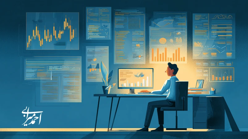 تصویر مفهومی هوش رفتاری در سرمایه‌گذاری با تعادل عقل و احساس، نمودارهای داده‌محور و چک‌لیست مدیریت ریسک برای تصمیم‌گیری آگاهانه