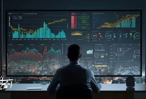 تصویر تحلیل رفتاری در سرمایه‌گذاری با مدیر ایرانی در حال بررسی داشبورد ریسک؛ نمایش سوگیری شناختی، توقف زیان و سناریونویسی برای کنترل پرتفوی.