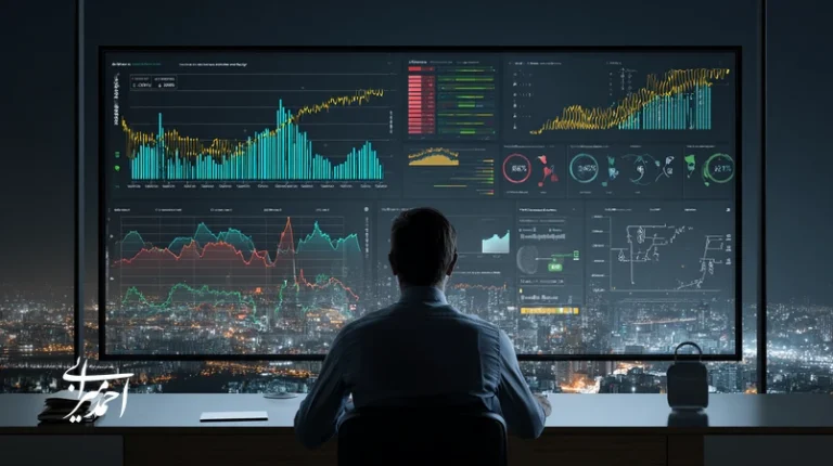 تصویر تحلیل رفتاری در سرمایه‌گذاری با مدیر ایرانی در حال بررسی داشبورد ریسک؛ نمایش سوگیری شناختی، توقف زیان و سناریونویسی برای کنترل پرتفوی.