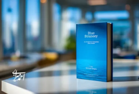 تصویر جلد کتاب استراتژی اقیانوس آبی روی میز کاری در یک فضای مدیریتی؛ کتابی با طراحی آبی و نمایی از اقیانوس که نماد خلق بازارهای جدید و نوآوری ارزش است.