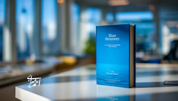 تصویر جلد کتاب استراتژی اقیانوس آبی روی میز کاری در یک فضای مدیریتی؛ کتابی با طراحی آبی و نمایی از اقیانوس که نماد خلق بازارهای جدید و نوآوری ارزش است.
