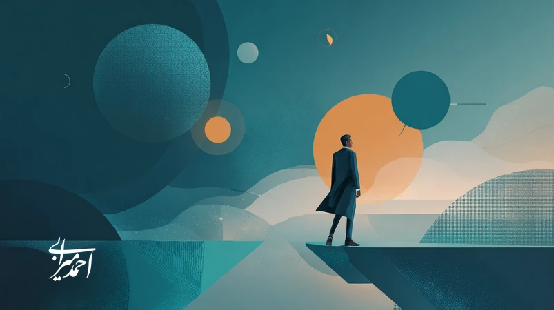 تصویر مدیر برندمحور ایرانی که پلی میان هویت، رفتار و سیستم میسازد؛ همراه با داشبورد دادهسبک، ژورنال رهبری و نشانههای بازخورد برای اثرگذاری سازمانی.