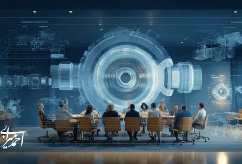 تصویر مفهومی از تفکر برندمحور به‌عنوان موتور رشد پایدار سازمان؛ اتاق جلسه با داشبورد داده، نقشه ارزش پیشنهادی و همکاری تیمی