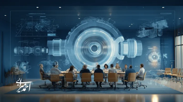 تصویر مفهومی از تفکر برندمحور به‌عنوان موتور رشد پایدار سازمان؛ اتاق جلسه با داشبورد داده، نقشه ارزش پیشنهادی و همکاری تیمی