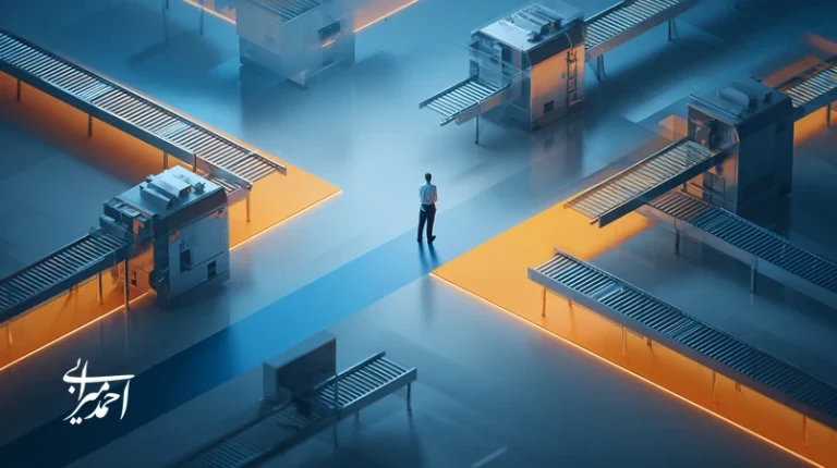 تصویر مفهومی دو مسیر «تنوع محصول» و «تمرکز برند» برای تولیدکنندگان ایرانی همراه با ماتریس تصمیم و فضای کارخانه