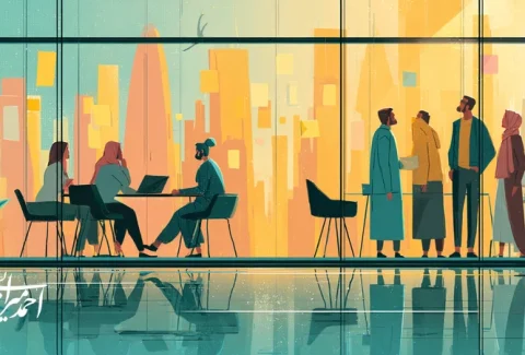 رهبری برندمحور و همسویی فرهنگ سازمانی با ارزش اقتصادی؛ مدیر ایرانی، نمودار NPS و تیم در دفتر مدرن