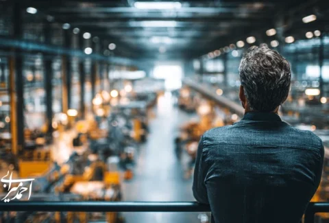 رهبر صنعتی در حال هدایت فرهنگ سازمانی برندمحور در کارخانه؛ پیوند ارزش‌های برند با رفتار کارکنان و عملیات تولید