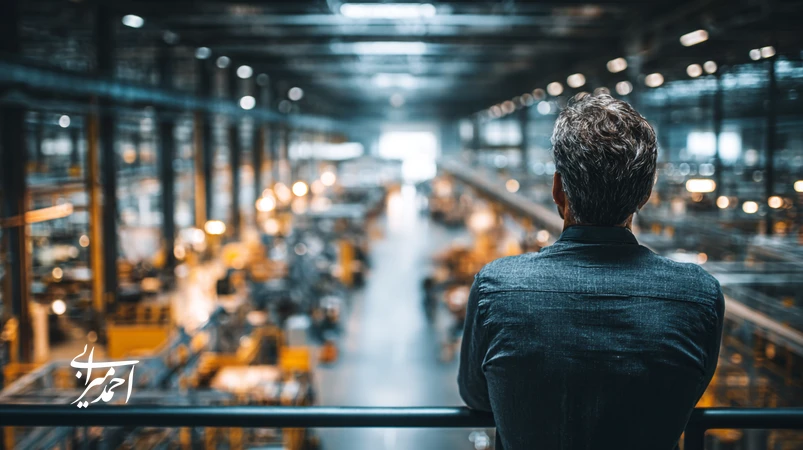 رهبر صنعتی در حال هدایت فرهنگ سازمانی برندمحور در کارخانه؛ پیوند ارزش‌های برند با رفتار کارکنان و عملیات تولید