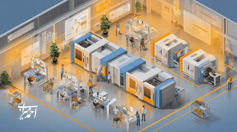 رهبر کارخانه در حال کوچینگ تیم تولید با داشبورد NPS، OEE و نرخ مرجوعی؛ نماد مدیریت برند و فرهنگ کیفیت در خطوط تولید