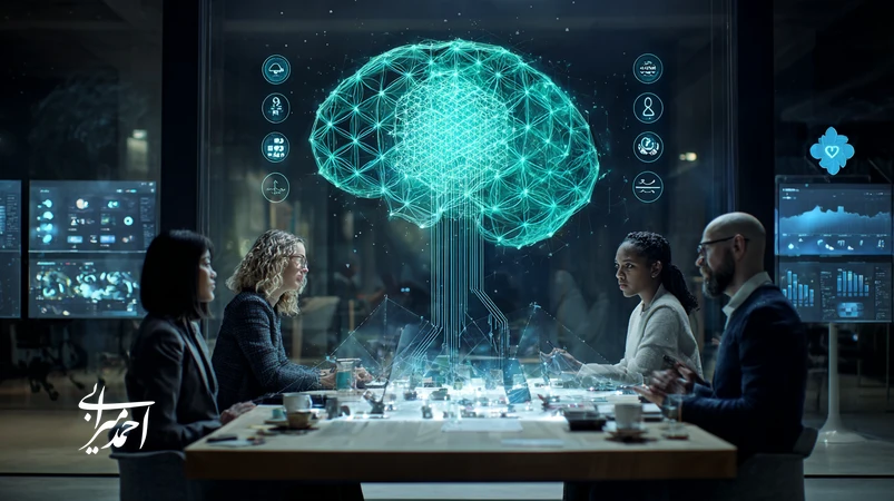تصویر تیم استارتاپ هوش مصنوعی ایرانی که روی استراتژی برند، اعتماد، اخلاق داده و جذب سرمایه کار می‌کنند؛ نماد شبکه عصبی و روایت برند قابل‌اعتماد.