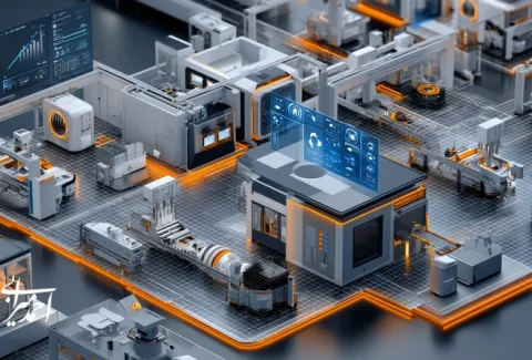 تصویر مفهومی از استراتژی برند به‌عنوان موتور رشد سازمانی در یک کارخانه صنعتی با داشبورد KPI و نمودار تمایز رقابتی