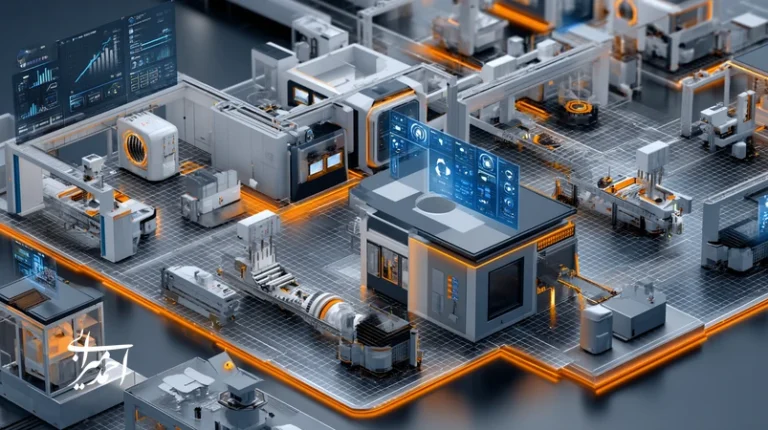 تصویر مفهومی از استراتژی برند به‌عنوان موتور رشد سازمانی در یک کارخانه صنعتی با داشبورد KPI و نمودار تمایز رقابتی