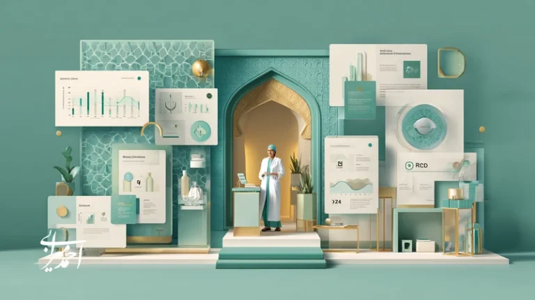 تصویر مفهومی برند اعتماد در بازار سلامت و زیبایی با نماد سپر شفاف، گفت‌وگوی پزشک و بیمار و نمودارهای NPS و ROI برای نشان دادن شفافیت علمی.