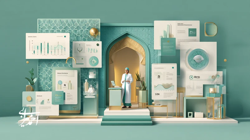 تصویر مفهومی برند اعتماد در بازار سلامت و زیبایی با نماد سپر شفاف، گفت‌وگوی پزشک و بیمار و نمودارهای NPS و ROI برای نشان دادن شفافیت علمی.