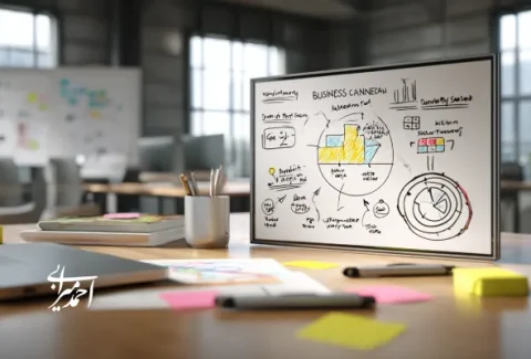 میز کار مدیریتی با یادداشت‌های رنگی و یک مانیتور displaying بوم مدل کسب‌وکار، شامل بخش‌های ارزش پیشنهادی، مشتریان و جریان درآمدی در محیطی مدرن و خلاق؛ نمادی از طراحی و تحلیل مدل‌های نوآورانه کسب‌وکار.