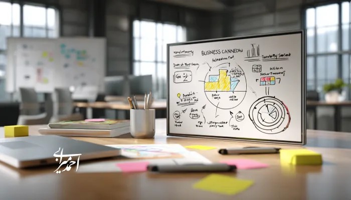 میز کار مدیریتی با یادداشتهای رنگی و یک مانیتور displaying بوم مدل کسبوکار، شامل بخشهای ارزش پیشنهادی، مشتریان و جریان درآمدی در محیطی مدرن و خلاق؛ نمادی از طراحی و تحلیل مدلهای نوآورانه کسبوکار.