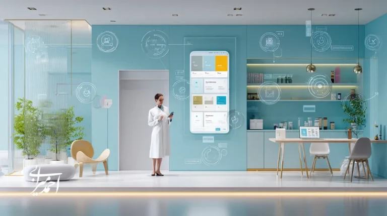 پزشک زیبایی در حال مرور ماژول‌های یادگیری مداوم و دفترچه پروتکل‌ها در کلینیک؛ تاکید بر برند شخصی، آموزش حرفه‌ای و ابزارهای دیجیتال.