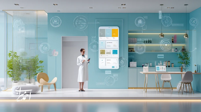 پزشک زیبایی در حال مرور ماژول‌های یادگیری مداوم و دفترچه پروتکل‌ها در کلینیک؛ تاکید بر برند شخصی، آموزش حرفه‌ای و ابزارهای دیجیتال.