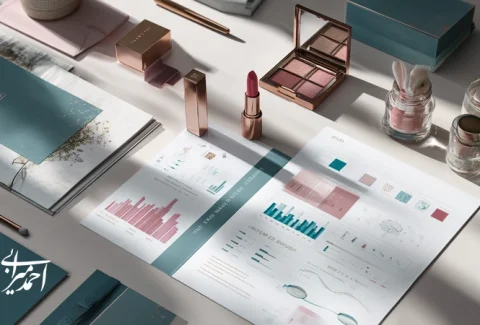 تصویر مفهومی از راهنمای ساخت برند آرایشی موفق با چیدمان محصولات، پالت رنگ، راهنمای هویت برند و نمودارهای تحلیلی مبتنی بر داده و هوش مصنوعی.