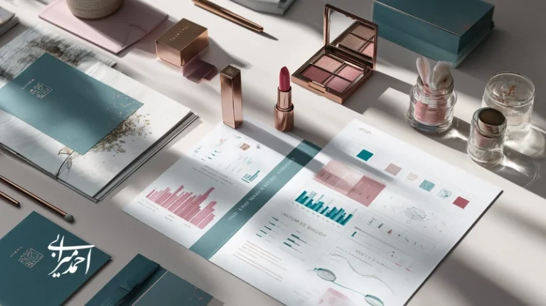 تصویر مفهومی از راهنمای ساخت برند آرایشی موفق با چیدمان محصولات، پالت رنگ، راهنمای هویت برند و نمودارهای تحلیلی مبتنی بر داده و هوش مصنوعی.