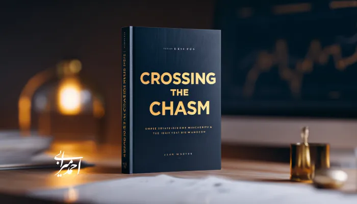 کتاب عبور از شکاف روی میز کار مدیریتی؛ تصویری نمادین از گذر نوآوری از مشتریان اولیه به بازار جریان‌اصلی با پس‌زمینه نمودار رشد و فضای تحلیل کسب‌وکار