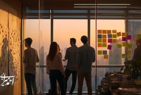 تصویر یک دفتر املاک ایرانی با تیمی که در حال بررسی نقشه سفر مشتری هستند؛ تمرکز بر تحلیل رفتار مشتری برای رشد دفاتر املاک.