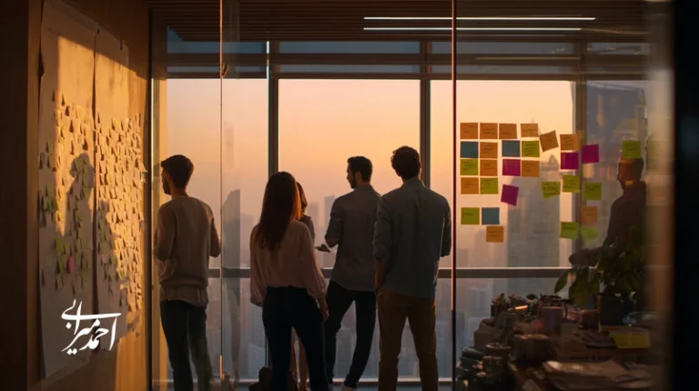 تصویر یک دفتر املاک ایرانی با تیمی که در حال بررسی نقشه سفر مشتری هستند؛ تمرکز بر تحلیل رفتار مشتری برای رشد دفاتر املاک.