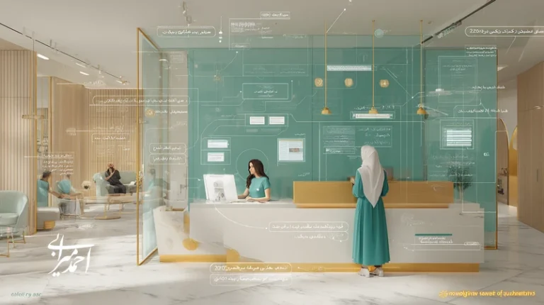 تصویر کلینیک سلامت و زیبایی با تمرکز بر تجربه مشتری در سلامت، نقشه سفر بیمار و تعامل انسانی؛ نشان‌دهنده برند خدماتی و بهبود شهرت آنلاین