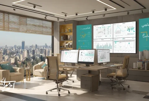دفتر املاک مدرن در تهران با داشبوردهای تحلیل داده، روند قیمت و امتیازدهی لید؛ تمرکز بر تحلیل بازار املاک با داده و برند