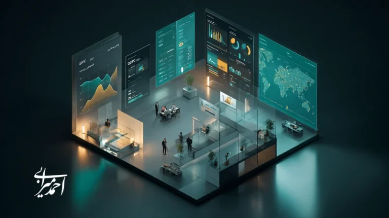 تصمیم‌گیری داده‌محور در مدل کسب‌وکار مدرن با داشبورد هوش تجاری، نمودارها و تیم مدیریتی ایرانی در فضای کاری معاصر؛ تحول دیجیتال و هوش تجاری