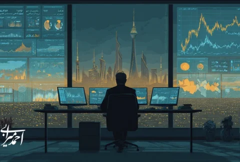 تصویر تصمیم‌گیری مبتنی بر داده برای کاهش ریسک سرمایه‌گذاری در ایران با داشبوردهای مالی، نقشهٔ ریسک و نشانه‌های هوش مصنوعی.