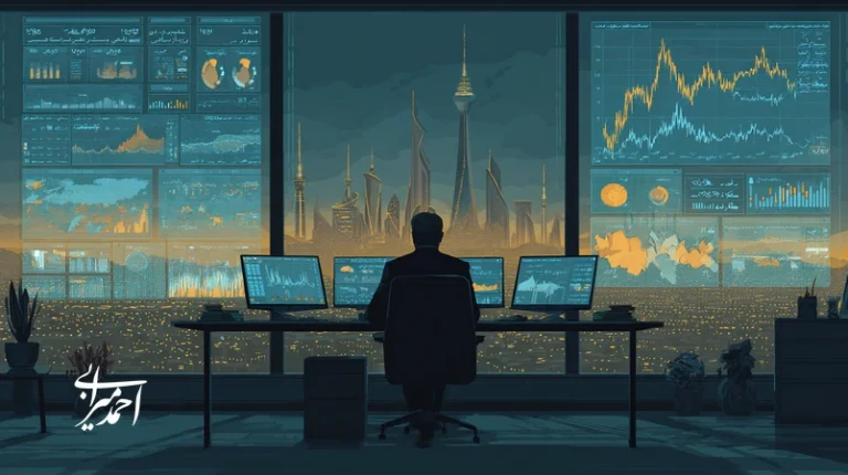 تصویر تصمیم‌گیری مبتنی بر داده برای کاهش ریسک سرمایه‌گذاری در ایران با داشبوردهای مالی، نقشهٔ ریسک و نشانه‌های هوش مصنوعی.