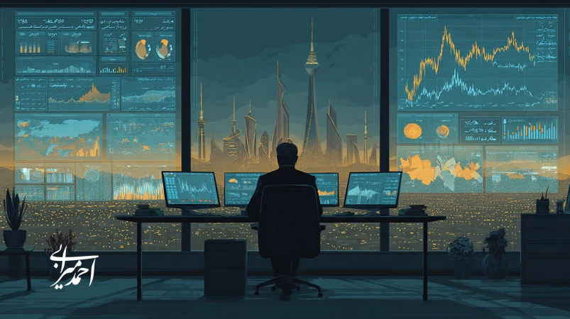تصویر تصمیمگیری مبتنی بر داده برای کاهش ریسک سرمایهگذاری در ایران با داشبوردهای مالی، نقشهٔ ریسک و نشانههای هوش مصنوعی.