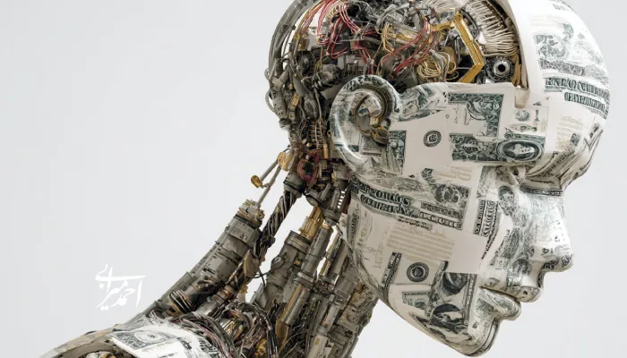 تصویری از یک ربات انسان‌نما ساخته‌شده از مدارها و اسکناس‌های دلاری که نمادی از پیوند هوش مصنوعی و اقتصاد داده‌محور است.
