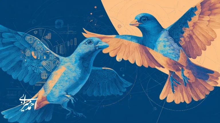 تصویر استعاری دو بال رشد برند: یک بال از جریان‌های داده و داشبورد تحلیلی (قیف تحلیلی، CRM، CDP) و بال دیگر از عناصر انسانی و روایت تجربه مشتری با تمرکز بر KPI احساسی.