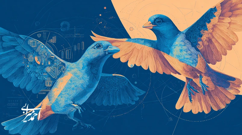 تصویر استعاری دو بال رشد برند: یک بال از جریانهای داده و داشبورد تحلیلی (قیف تحلیلی، CRM، CDP) و بال دیگر از عناصر انسانی و روایت تجربه مشتری با تمرکز بر KPI احساسی.